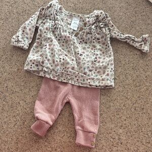 Carter's Cream Floral Ruffle Top with Pink Ribbed Leggings